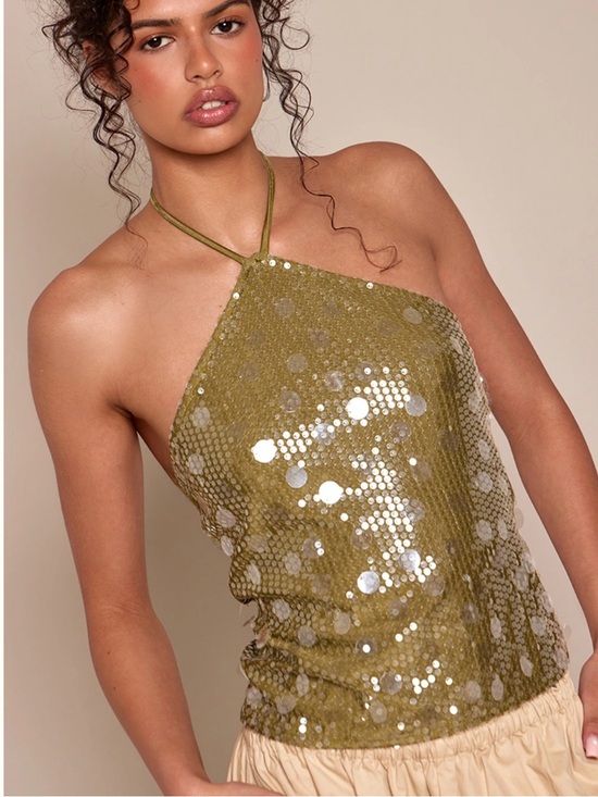 PrettyLittleThing Tops - Sequin Halter Tank Dress in Olive Green